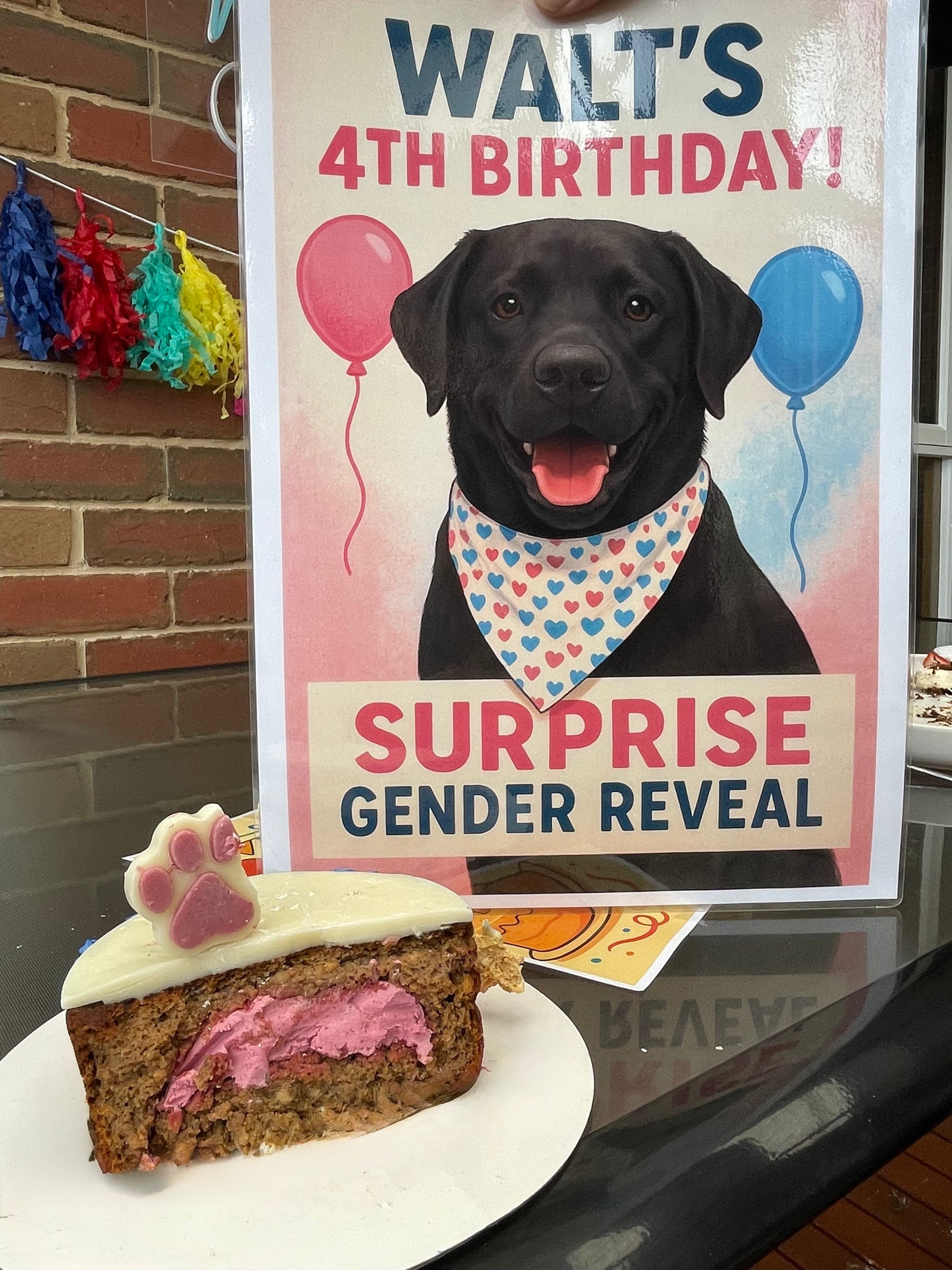 Surprise gender reveal poster with a dog and cake on a table.