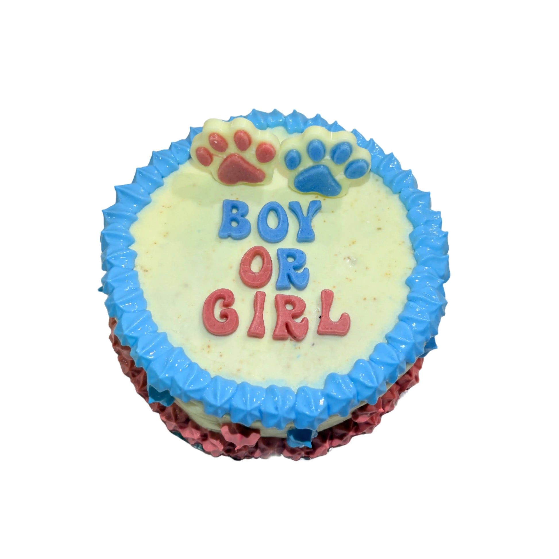 Cupcake with 'Boy or Girl' text and footprints on a plain background